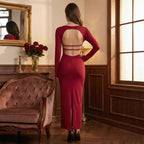 Long Sleeve Elegant Dress Women Maxi Dress Backless Red Dinner Party Evening Dress