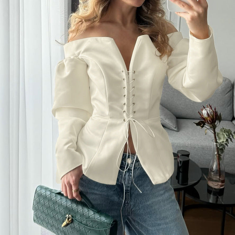 Women's Off-Shoulder Lace-Up Long Sleeve Top