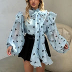 Printed Lace-Up Lantern-Sleeve Top