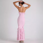 Women Summer Sexy Halter Backless Sheath Ruffled Pleated Drape Evening Dress Maxi Dress