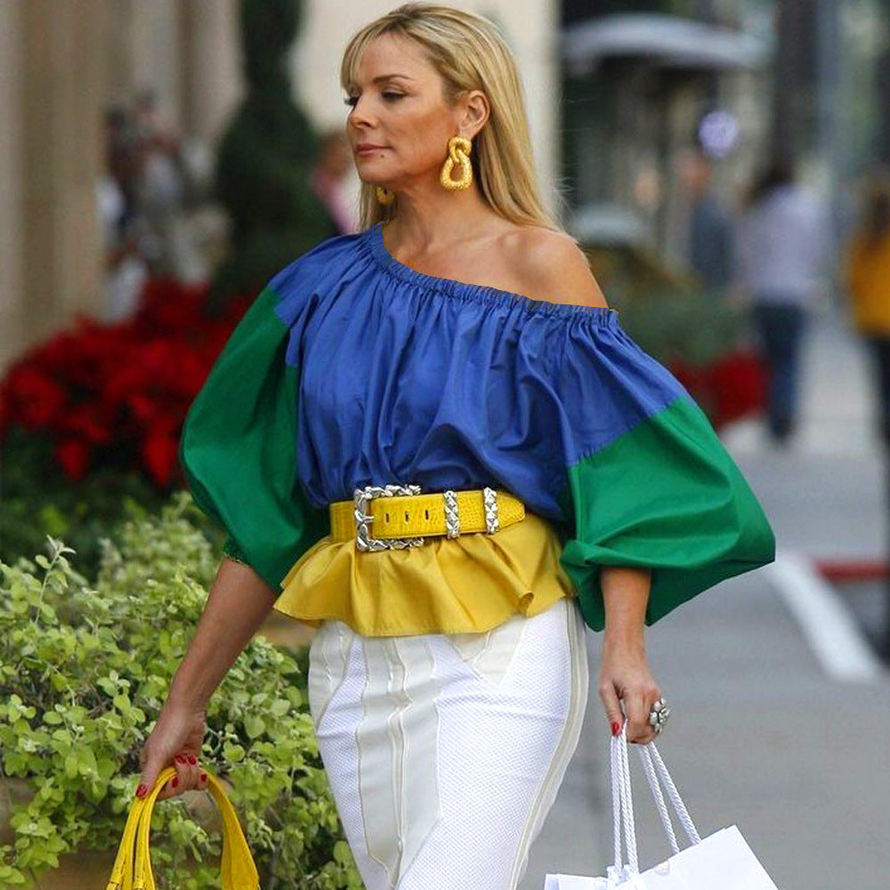 Women's Sexy Oblique Shoulder Elastic Band Loose Lantern Sleeve Contrast-Color Ruffled Plus Size Women Shirt Top