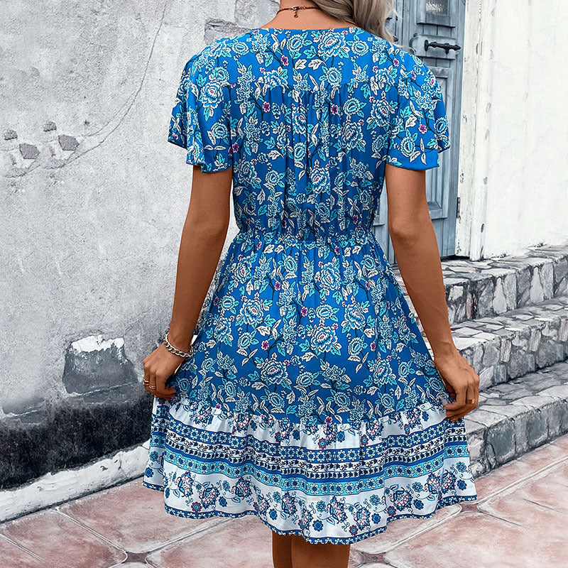 Women's V-Neck Floral Puff-Sleeve Dress
