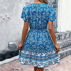 Women's V-Neck Floral Puff-Sleeve Dress