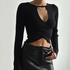 Women's Hollow Out Cutout Knitted Threaded Long Sleeve Cropped Top