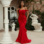 Women's Red Off-Shoulder 3d Ruffle Evening Dress