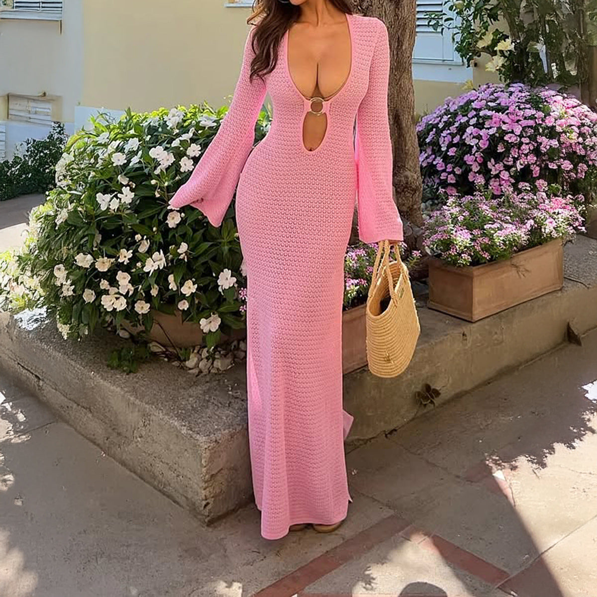 Women's Deep-V Cutout Long-Sleeve Maxi Dress