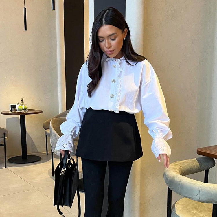 Stand Collar Diamond Ruffled Shirt Western White