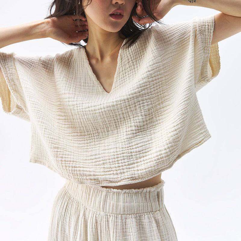 Women's Short Cotton Yarn V Neck T-Shirt Beauty Thin Loose Basic