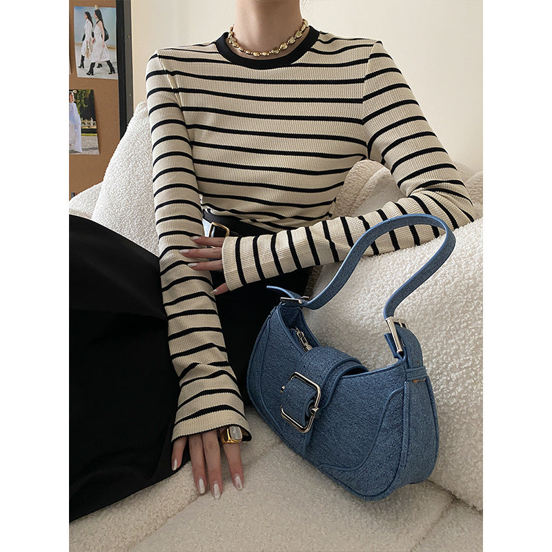 Women's Sinanbo Daily Fashionable Walf Checks Fabric Black Edge Small Round Neck Striped T-Shirt Bottoming Shirt