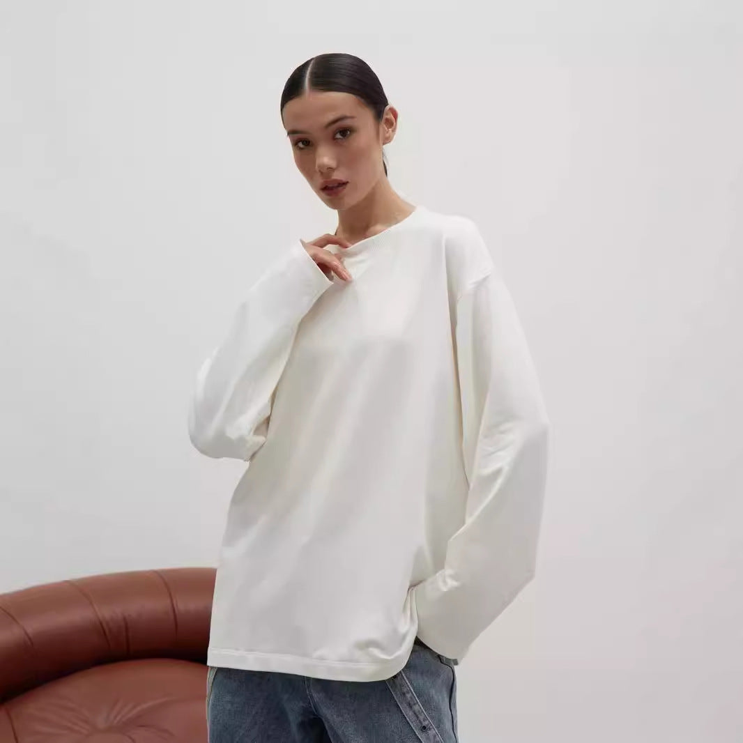 Women's Solid Color Long-Sleeved T-Shirt Loose Fitting Round Neck