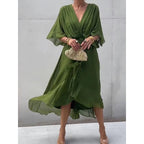 Solid Color Tied Maxi Dress Batwing Sleeve Irregular Asymmetric