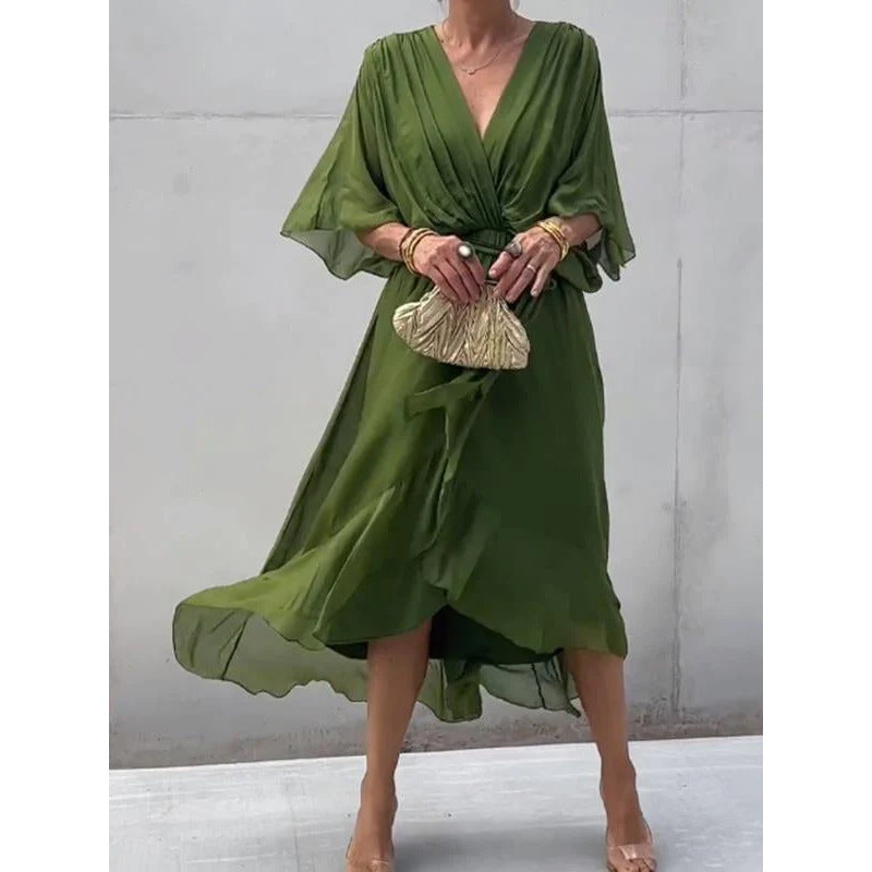 Solid Color Tied Maxi Dress Batwing Sleeve Irregular Asymmetric