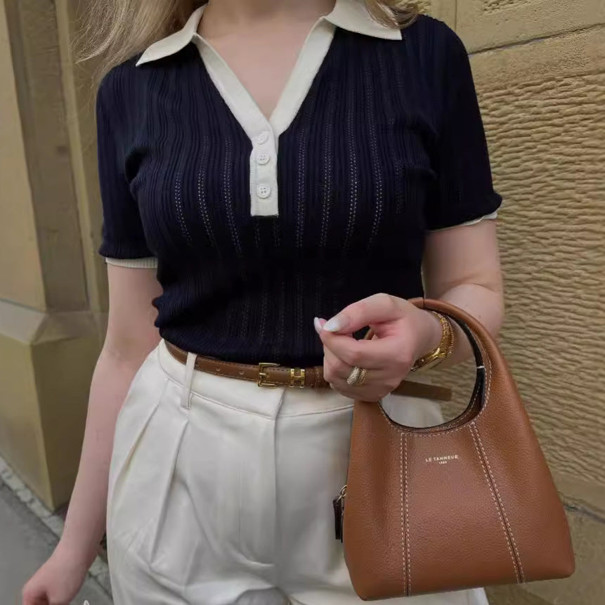 Women's Summer Women Clothing Polo Collar V Neck Slimming Color Contrast Patchwork Knitted Top For Women