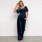 Velvet Women Solid Color Pleated Slim Casual Short Sleeved