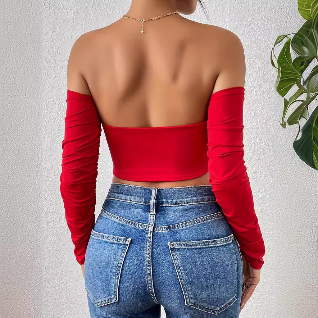 Women's Ruched Drawstring Off-Shoulder Crop Top