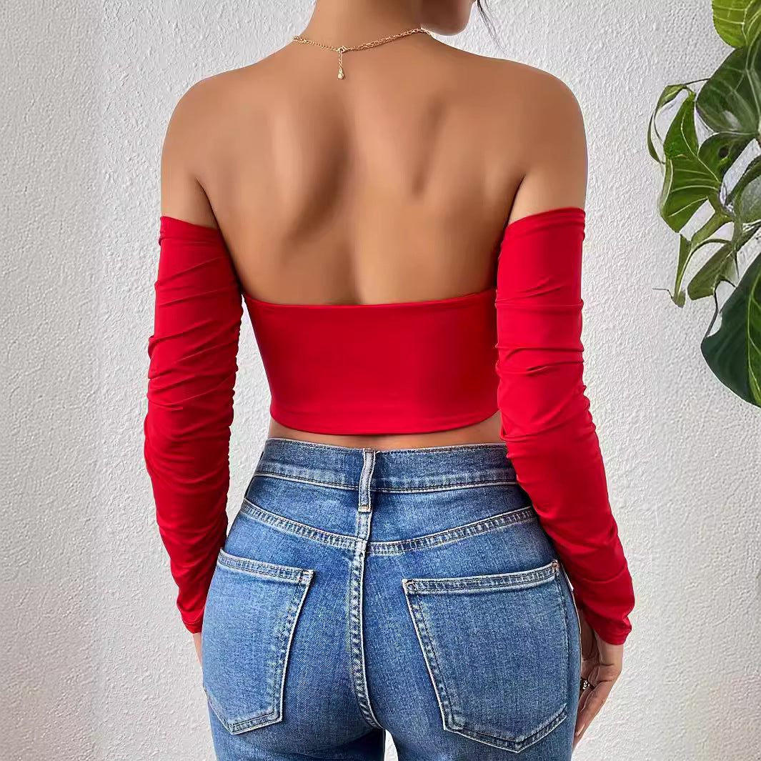 Women's Ruched Drawstring Off-Shoulder Crop Top