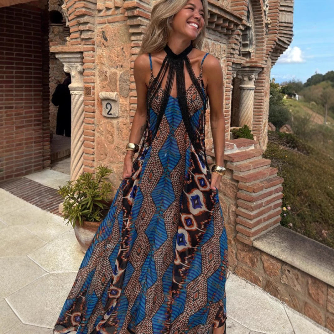 Women's Women's's Internet Popular Summer Printing Sling Swing Maxi Dress