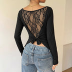 Sweet Cool Casual Wind Black round Neck Back Lace Bow T