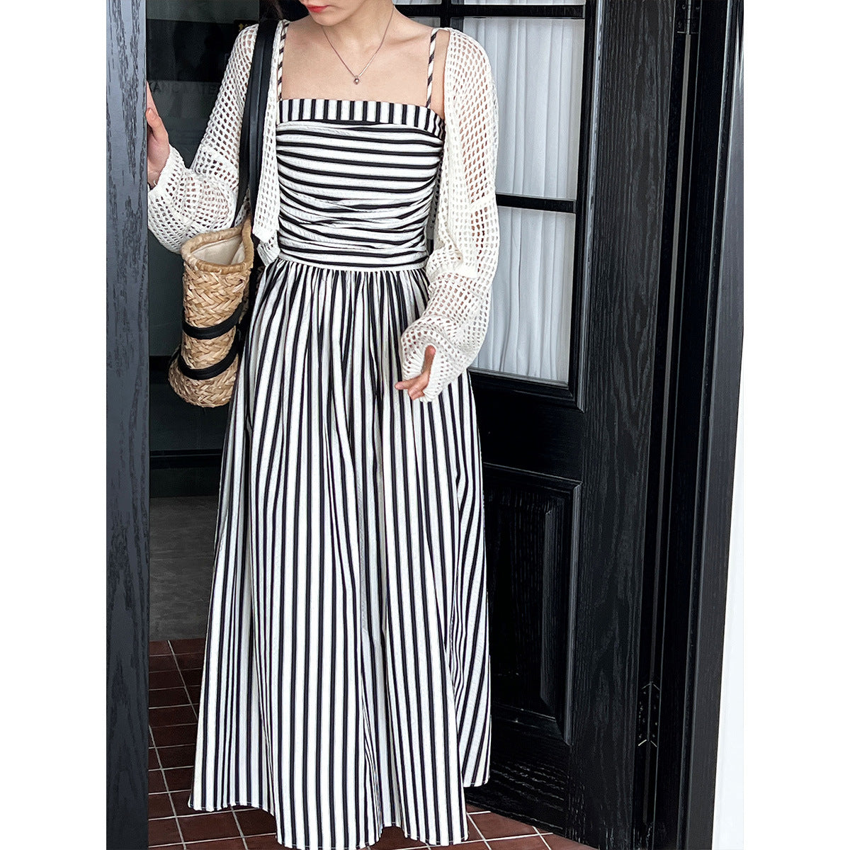 French Striped Bandeau A-Line Dress
