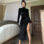 Autumn Winter Turtleneck Maxi Dress Slim Pleated Split