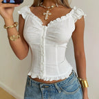 White Wooden Ear SL Top Women V neck Single-Breasted Waist
