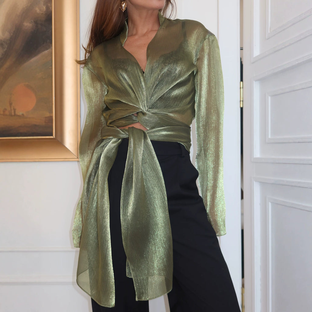 Long Sleeve Mesh High Grade Green Sheer Long Sleeve Waist