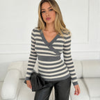 Women's Striped V-Neck Button-Front Sweater