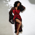 Satin Stitching Lace Nightgown Three Dimensional Petals Side Flare Sleeve Tie Neck Long Lady Sexy Bathrobe
