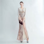 Women's Ostrich Feather Sequin Velvet Side Slit Long Sleeve Evening Dress