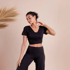Women’s Black Tie Front V Neck Crop Top