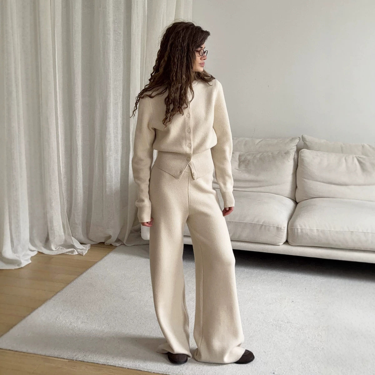 Women's Knit Cardigan And Straight-Leg Pants Set