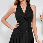 Women's Twill Cool Silk Cotton Halter Backless V Neck Dress