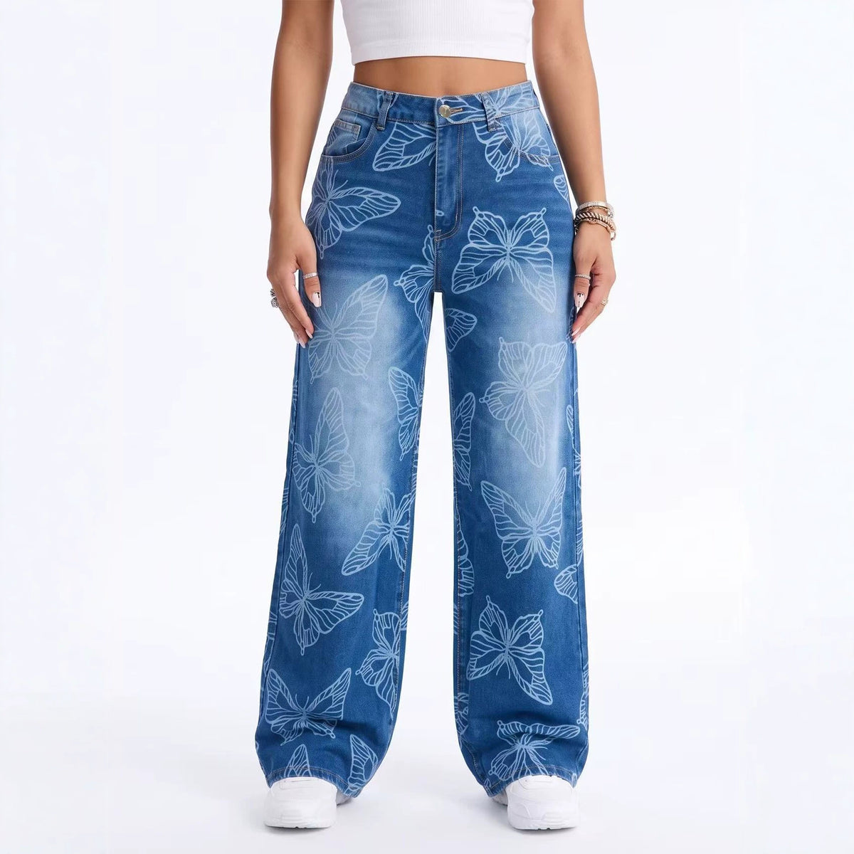 Women's Butterfly-Print High-Waist Straight Jeans