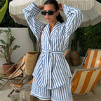 Comfort Striped Lace up Collared Long Sleeve Set