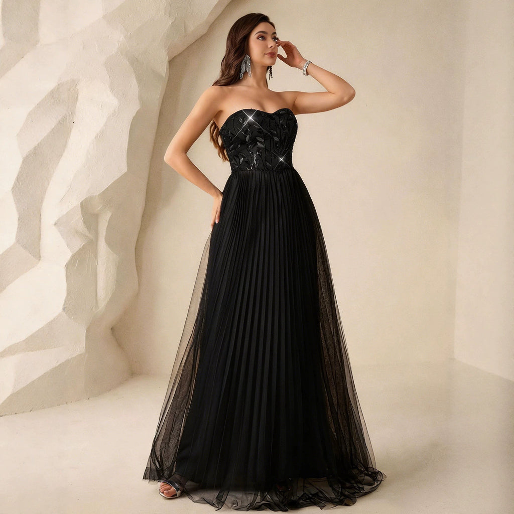 Women's Black Sequin Sweetheart Evening Dress