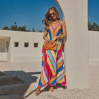 Sleeveless multi-color striped midi casual dress, V-neck and thin spaghetti straps