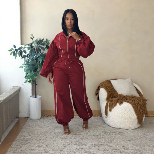 Women Striped Long Sleeve Casual Zipper Short Jacket Drawstring Trousers Two Piece Set