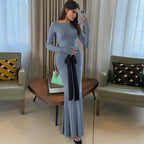 Women's Summer Solid Color Pleated Waist Controlled Lace up Long Sleeve Dress