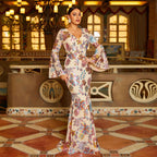 Women's Floral Sequin Long-Sleeve Fishtail Evening Maxi Dress