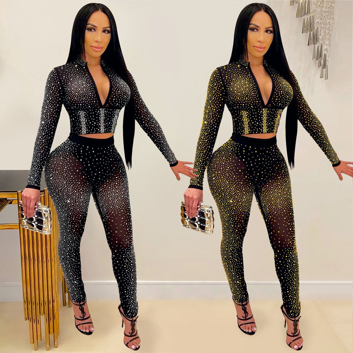 Women's Tight Mesh See-Through Long Top and Pants Two-Piece Set
