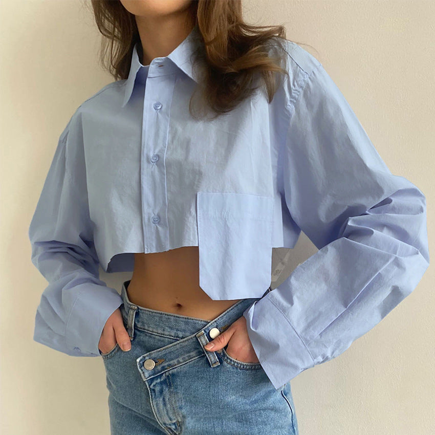 Women's Autumn Cropped Asymmetric Stitching Casual Dignified Sense Of Design Short Model In White Color Shirt Women Clothing