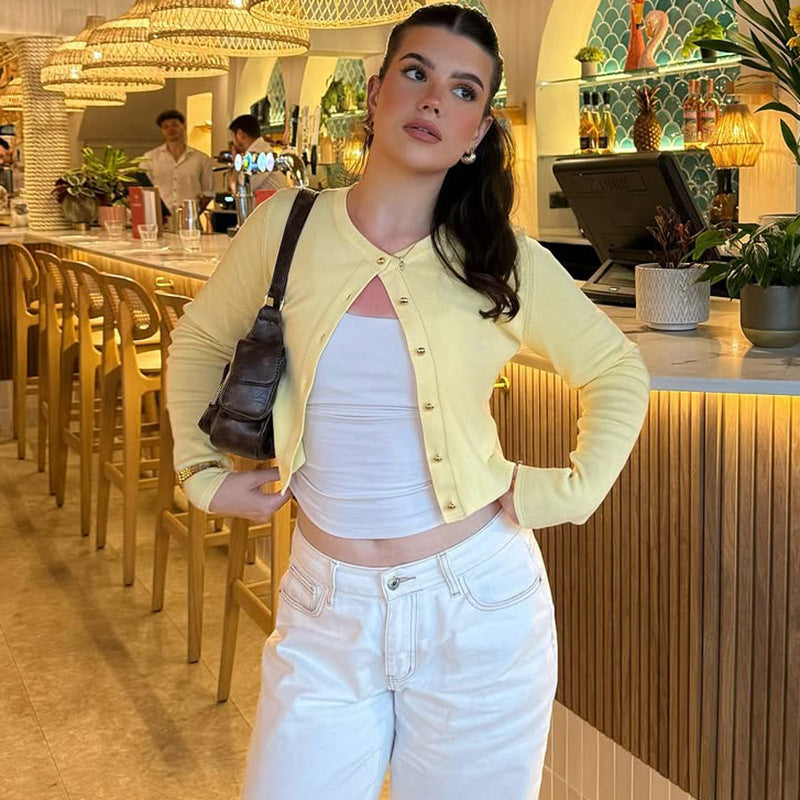 Women's Best Seller In Women Clothing Summer Street Shooting Cardigan Button Solid Color Slim Fit Long Sleeves Top