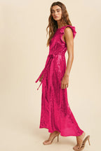 Women's Sequin Dress Sleeveless Belt Round Neck Midi Party Cocktail