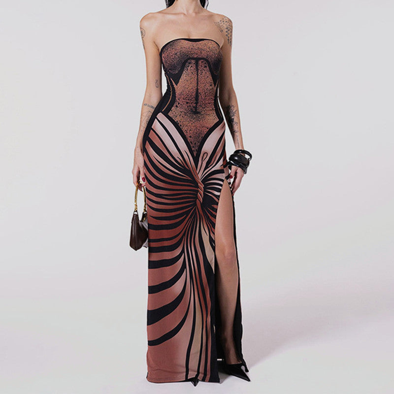 Women's 3D Printed Strapless High-Slit Maxi Dress