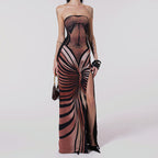 Women's 3D Printed Strapless High-Slit Maxi Dress