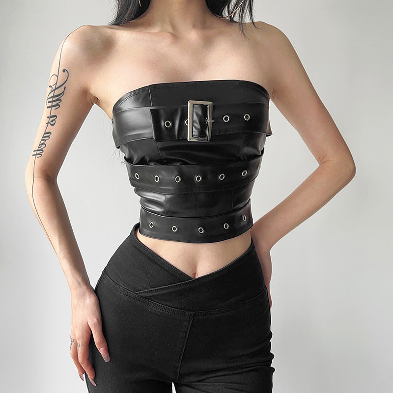 Solid Color Slim Fit Street Off Shoulder Collar Wrapped Chest