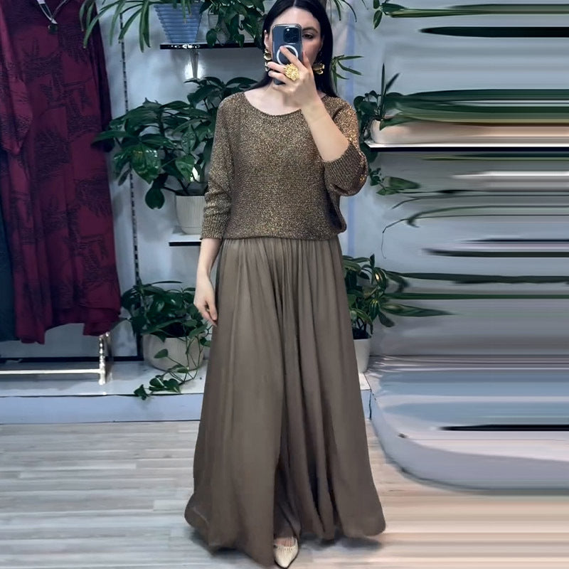 Women's Spring Golden Long Sleeve Top Skirt Two-Piece Set Skirts Set