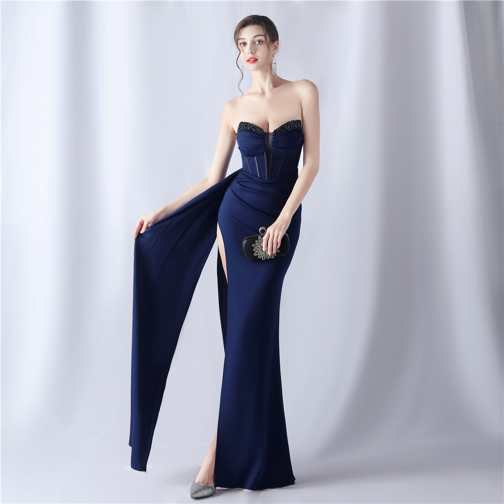 Women's Rhinestone Corset Satin Evening Dress