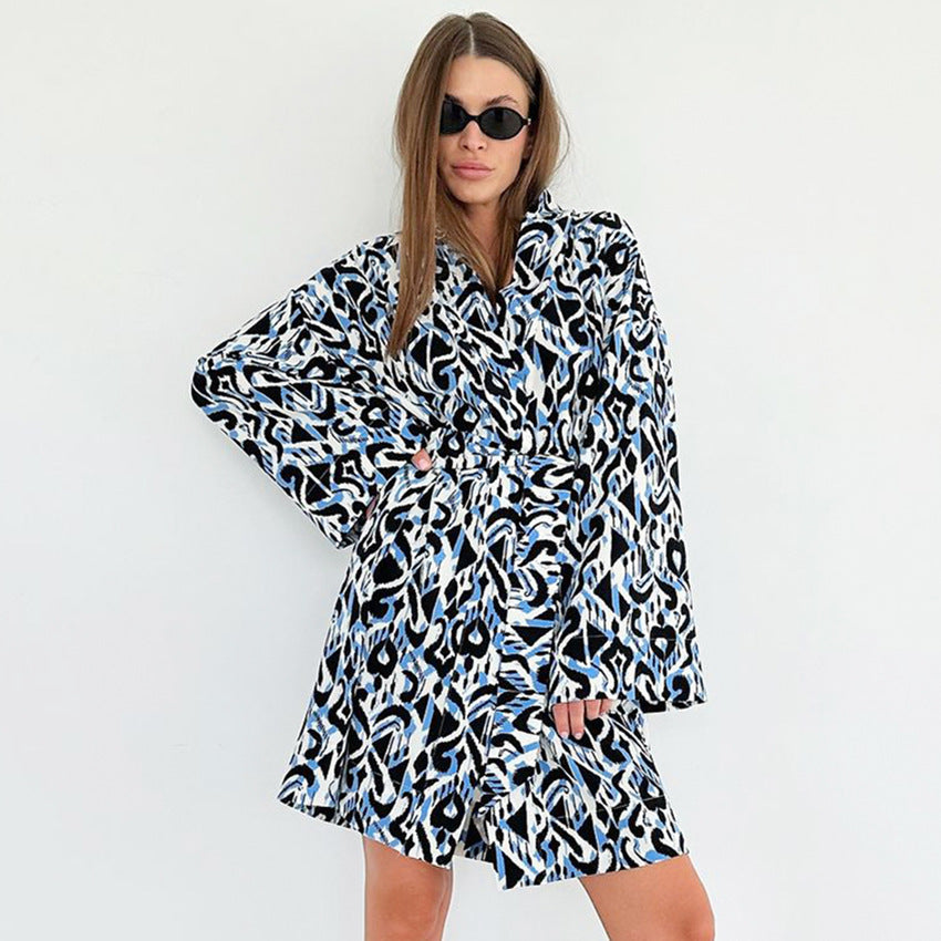 Printing Loose Lace up Long Sleeve Nightgown Bathrobe Casual Comfortable Ice Silk Home Wear