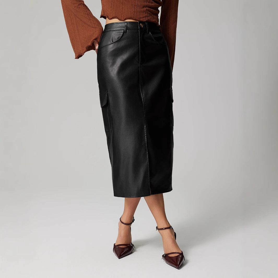 High Waist Slit Slim Fit Faux Leather Skirt